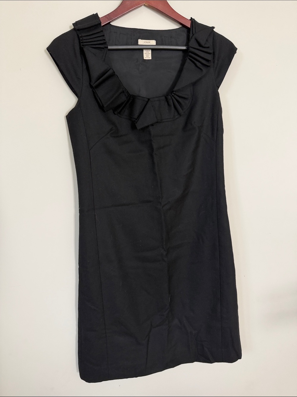 Jcrew Black, Wool Ruffle-Neck Midi Sheath Dress